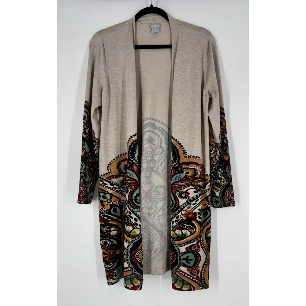 Chicos Womens Open Front Long‎ Sweater Cardigan Medium (Size 1) Boho Earth Tones